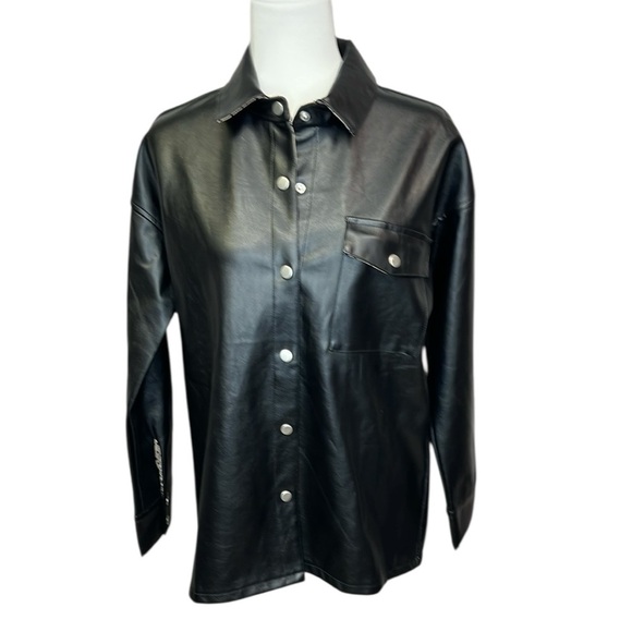 Hem & Thread Jackets & Blazers - Hem & Thread Black Faux Leather Snap Shirt Jacket